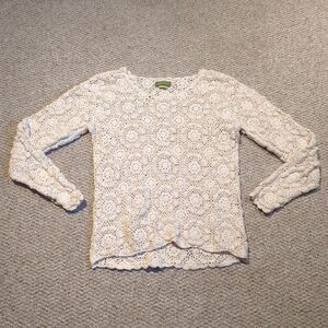 Vintage Esprit Crochet Sweater Medium Cream Open Knit Boho Chic Scalloped Hem